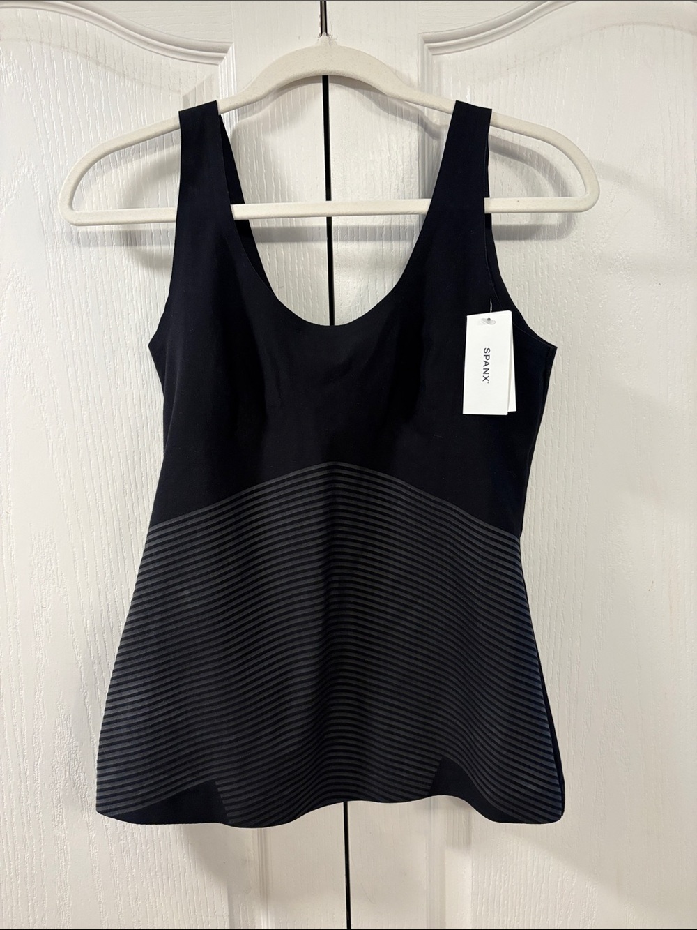 SPANX Black Scoop Neck Tank with Textured Striped Waist